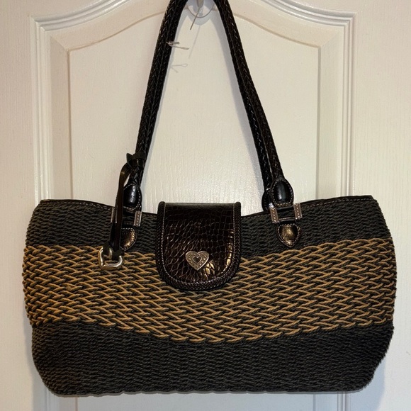 Brighton Handbags - BRIGHTON “SAVANNAH” BLACK AND CREAM WOVEN SHOULDER BAG JUTE/STRAW MATERIAL